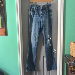 Express Women's Dark Blue Distressed Flare Jeans